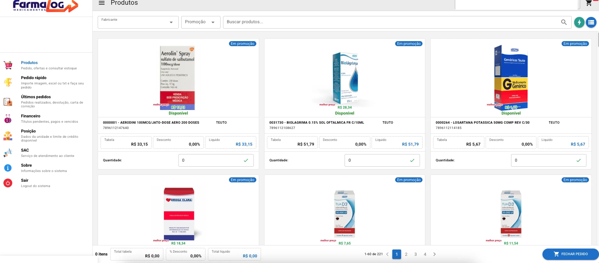 Tela de produtos do Portal de Relacionamento FarmaLog